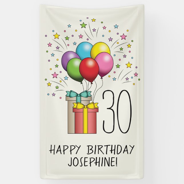 Lona Globos y regalos de cumpleaños con edad y texto (Vertical)