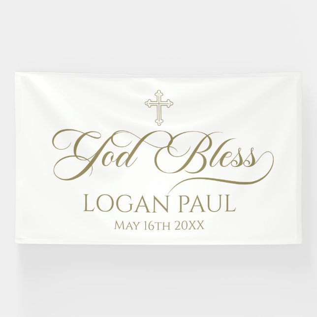 Lona GOD BLESS gold banner backdrop  (Horizontal)