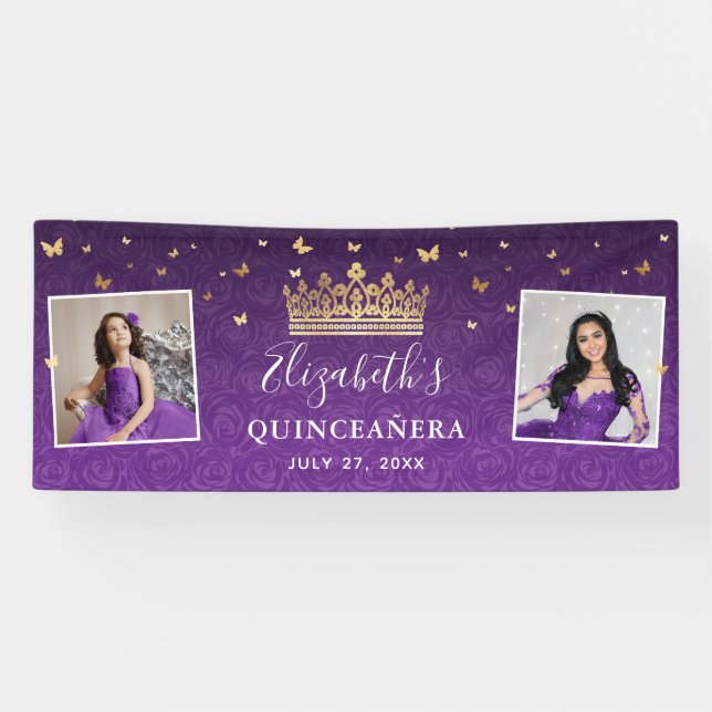 Lona Gold and Purple Roses 2 Photo Birthday Quinceanera (Horizontal)