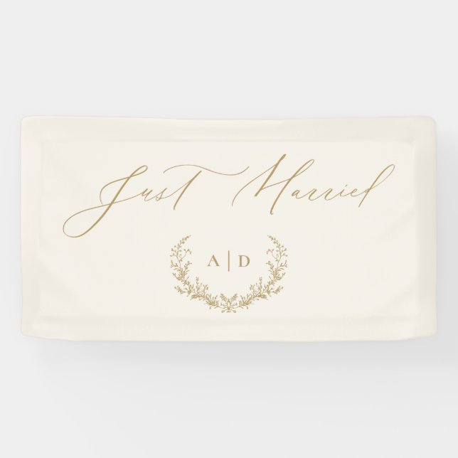 Lona Gold & Cream Laurel Monogram Just Married Banner (Horizontal)