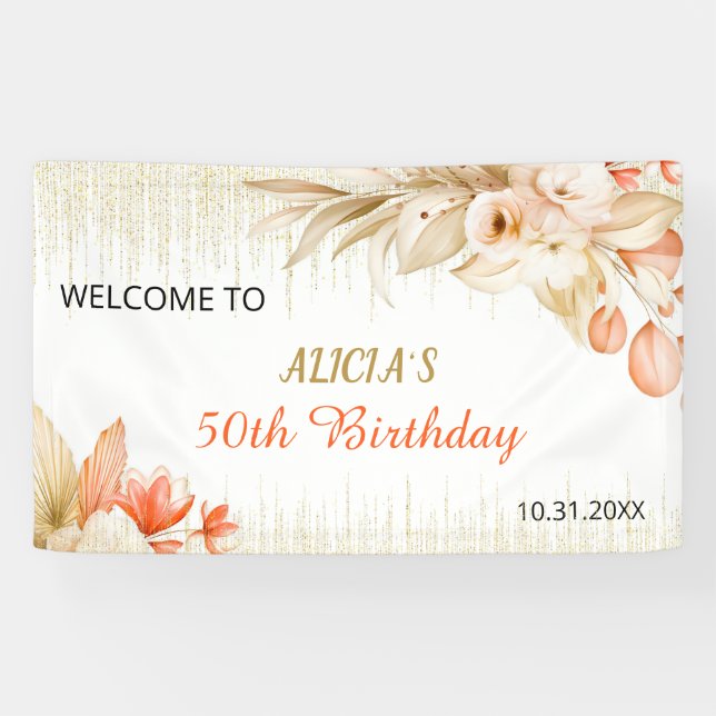 Lona Gold Glitter Chain Yellow Orange Floral Birthday (Horizontal)