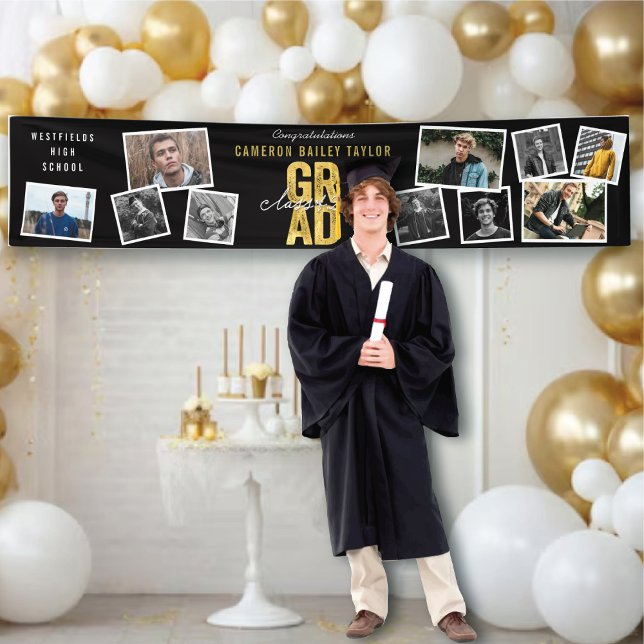 Lona Gold GRAD 2025 10 Foto Partido Moderno de Graduaci (2024 Golden Bold GRAD 10 Photo Collage Modern Graduation Party Banner @ zazzle.com/color_therapy)