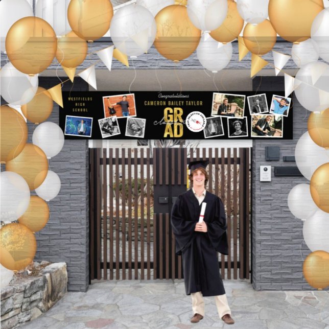 Lona Gold GRAD 2025 10 Foto Partido Moderno de Graduaci (Class Of 2025 Modern Bold Golden GRAD 9 Photo Graduation Party Banner @ www.zazzle.com/color_therapy)