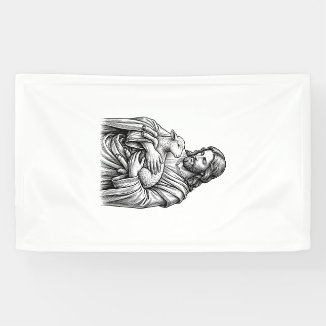 Lona Grabado Antiguo Pastor que Sostiene Cordero Vector (Horizontal)