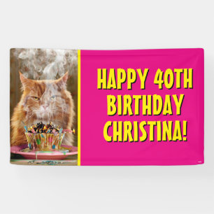 Lona Gracioso Gato Cranky Con Pastel De Cumpleaños Fun