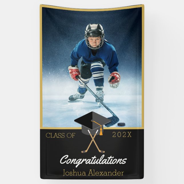 Lona Grado de felicitación de jugador de hockey fotográ (Vertical)