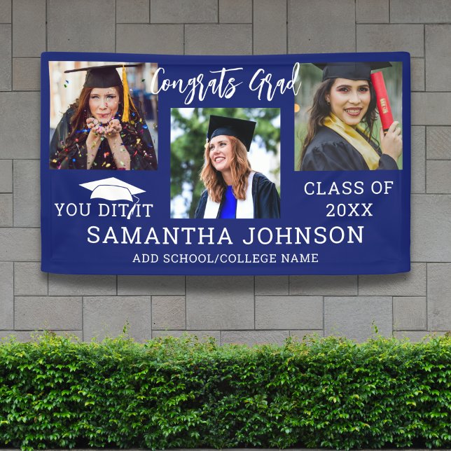 Lona Grado de Graduación 2025 Título 3 Foto Azul (Congrats Grad 2025 Graduation Cap 3 Photo Blue Banner
)