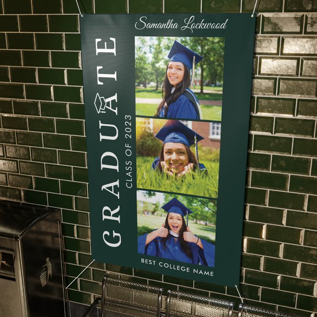 Lona Graduación 2025 Foto Grad Verde y Blanco (Graduation Party Decor Class of 2024 Multi Photo Banner)