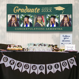 Lona Graduación 2026 Felicidades 5 Fotos Verde y Dorado
