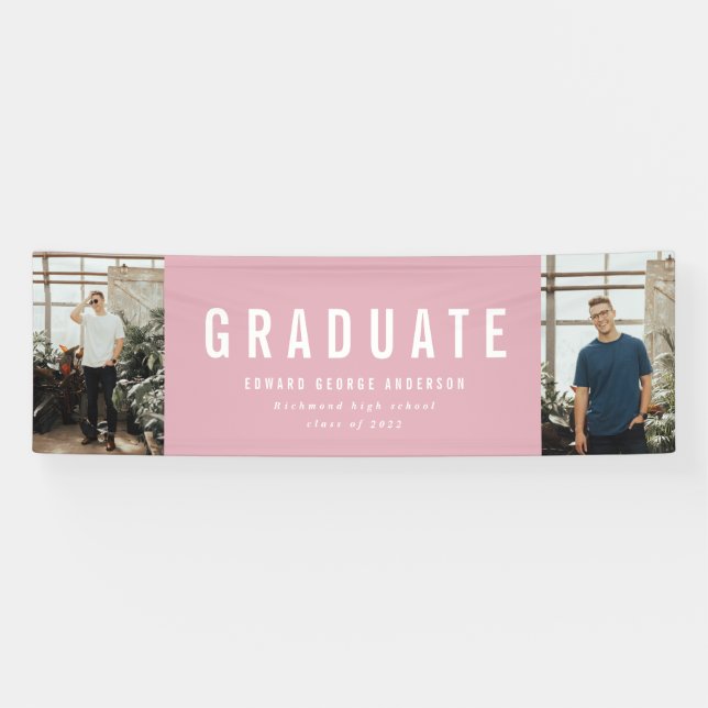 Lona Graduación 2 foto fiesta moderno rosa y blanco (Horizontal)