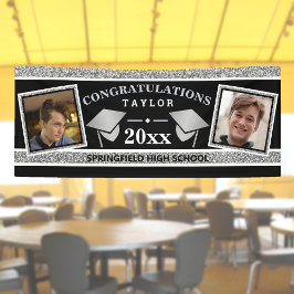 Lona Graduación Cap Silver Y Felicitaciones Negras