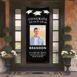 Lona Graduación Cap Toss CONGRATS GRAD Photo Black