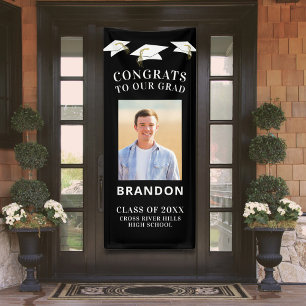 Lona Graduación Cap Toss CONGRATS GRAD Photo Black