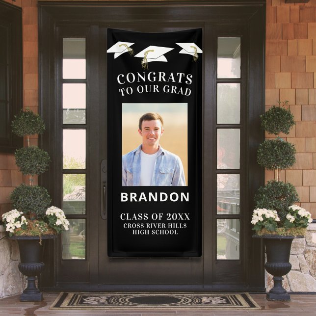 Lona Graduación Cap Toss CONGRATS GRAD Photo Black (Subido por el creador)