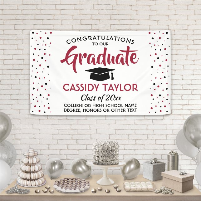Lona Graduación Confetti blanco y negro rojo moderno (Subido por el creador)