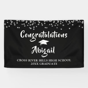 Lona Graduación Confetti Brush Script Negro y Plata