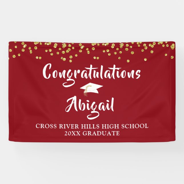 Lona Graduación Confetti Brush Script Red Gold (Horizontal)