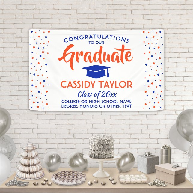 Lona Graduación Confetti Naranja moderno azul y blanco (Subido por el creador)