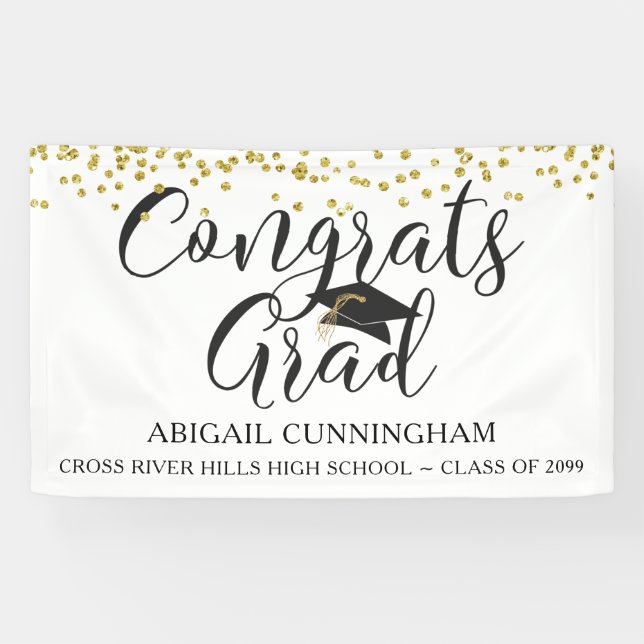 Lona Graduación CONGRATS GRAD Gold Confetti Script (Horizontal)