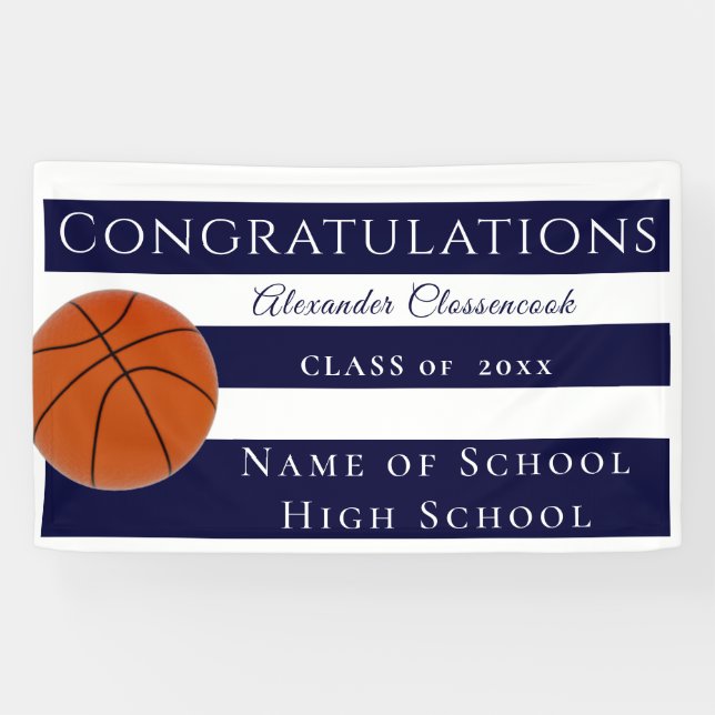 Lona Graduación de baloncesto a rayas blancas y azules  (Horizontal)