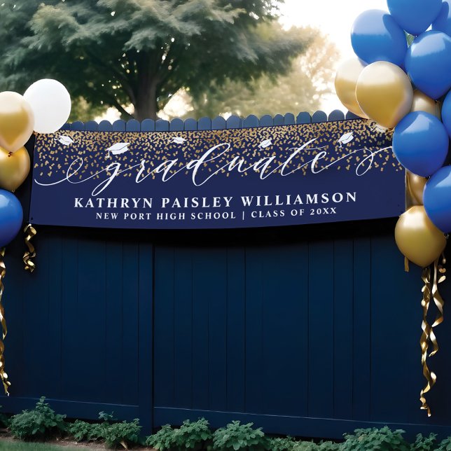 Lona Graduación de Confetti de oro con guión elegante p (Graduate Elegant Script Gold Confetti Graduation Banner)