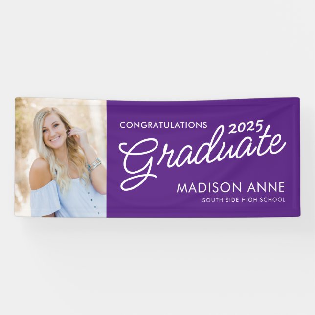 Lona Graduación de foto de guión moderno morado (Horizontal)