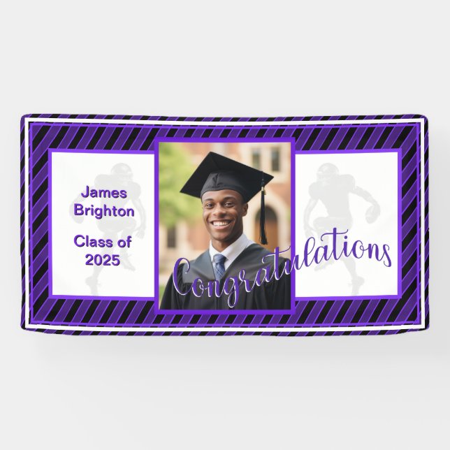 Lona Graduación de foto temática del fútbol púrpura (Horizontal)