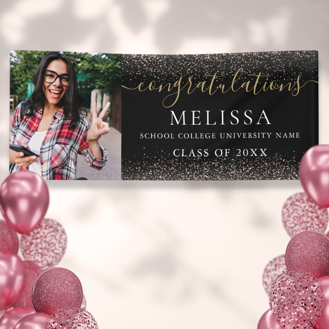 Lona Graduación de fotografía moderna de Purpurina rosa (Modern Black Pink Glitter Photo Graduation Banner)