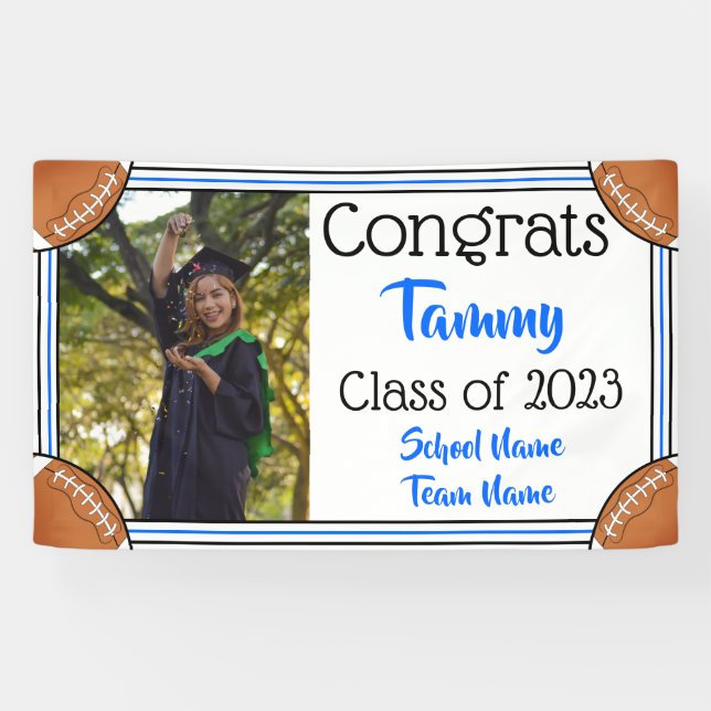 Lona Graduación de fotos en azul y negro de fútbol (Horizontal)