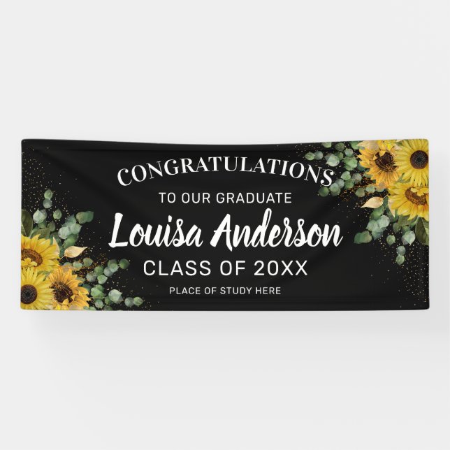 Lona Graduación de girasol, eucalipto y confeti de oro (Horizontal)