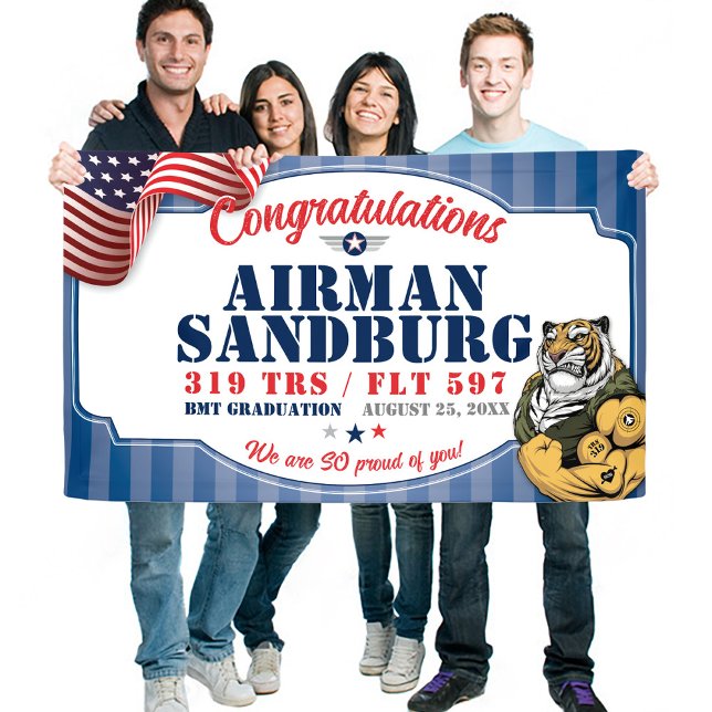 Lona Graduación de la fuerza aérea 321 mascota de tigre (319 TRS Tigers Mascot US Air Force BMT Basic Military Training Graduation Vinyl Banner, Proud Mom)