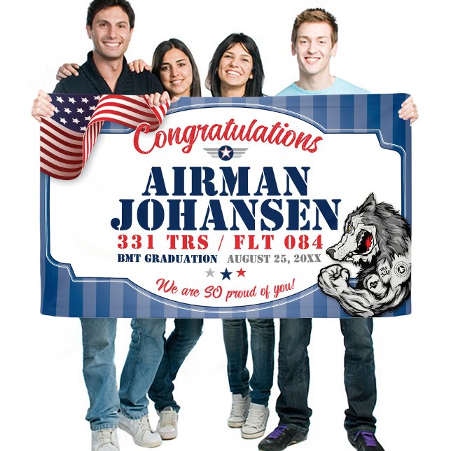 Lona Graduación de la Fuerza Aérea 331 Mascota del paqu (331 TRS Wolfpack Mascot US Air Force BMT Basic Military Training Graduation Vinyl Banner, Proud Mom)