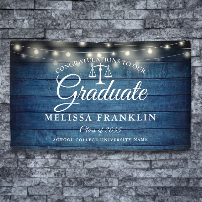 Lona Graduación en Facultad de Derecho de Blue Wood Str (Blue Wood String Lights Law School Graduation Banner)