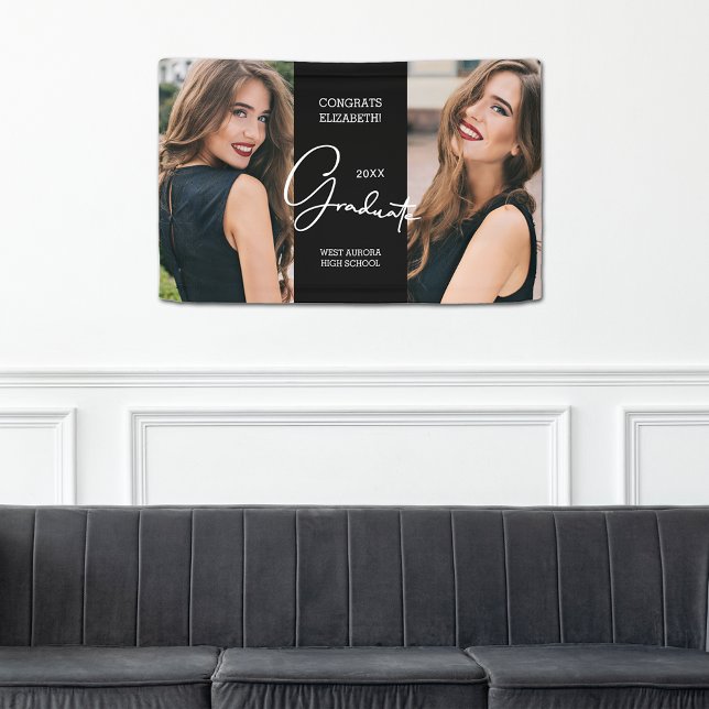 Lona Graduación Felicitaciones Black Modern Photo (2.5' x 4' Graduation Congratulations Black Modern Photo Banner)