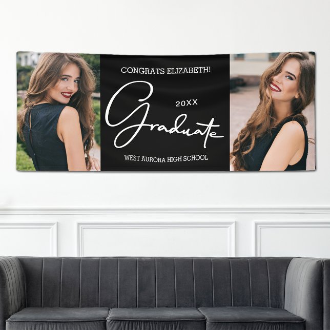 Lona Graduación Felicitaciones Black Modern Photo (Large 4' x 10' Graduation Congratulations Black Modern Photo Banner (smaller sizes in our store))