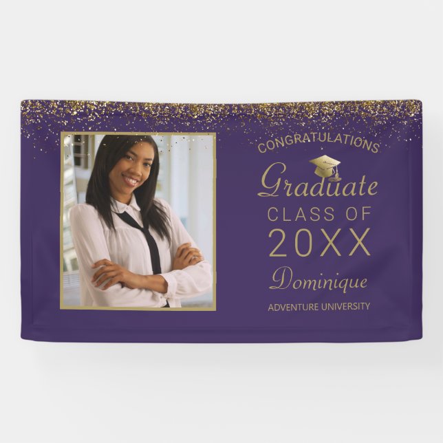 Lona Graduación Foto Gold Glam Script Grad Cap Purple (Horizontal)