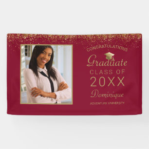 Lona Graduación Foto Gold Glam Script Grad Cap Red