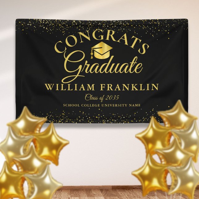 Lona Graduación Moderna De Purpurina Negro Y Oro (Black And Gold Glitter Modern Graduation Banner)