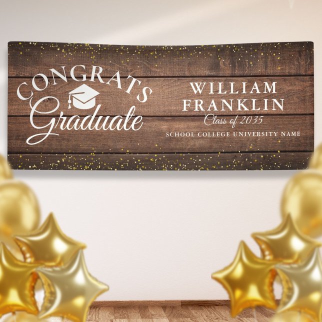 Lona Graduación Moderna Glitter Dorado Madera Rústica (Rustic Wood Gold Glitter Modern Graduation Banner)