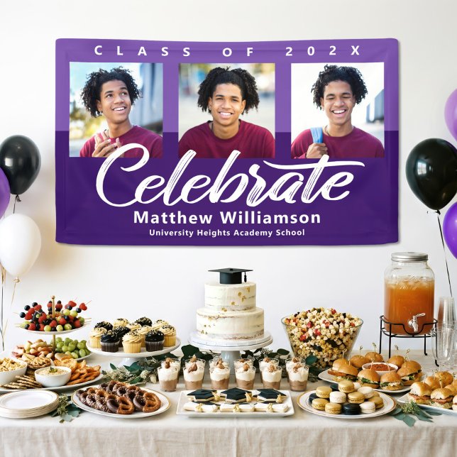 Lona Graduación Morada 3 Foto Negrita Script Simple Ret (Subido por el creador)