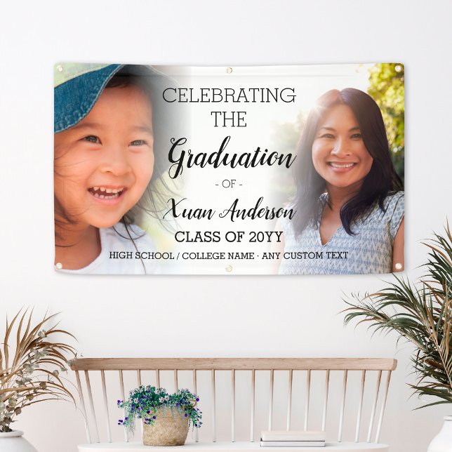 Lona Graduación personalizada de guiones de Collage de  (Personalized 2 Photo Collage Script Graduation Banner
)