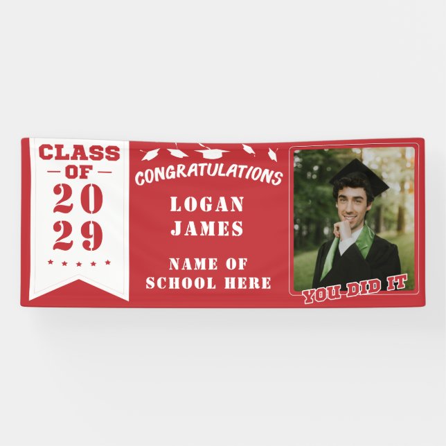 Lona graduación personalizada roja 2025 con nombre y fo (Horizontal)