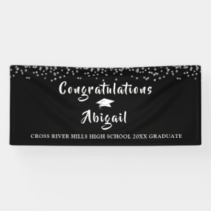 Lona Graduación Plata Confetti Brush Script Negro