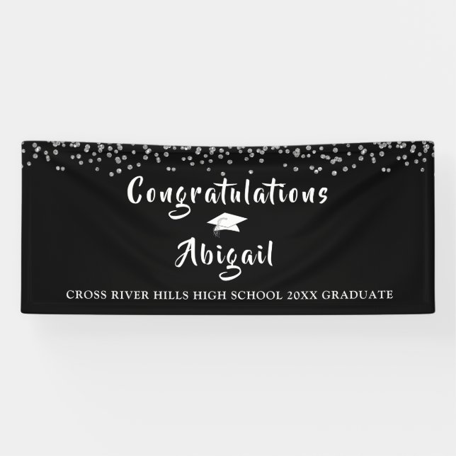 Lona Graduación Plata Confetti Brush Script Negro (Horizontal)