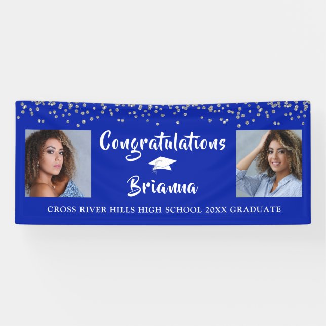 Lona Graduación Plata Confetti Script Foto Royal Blue (Horizontal)