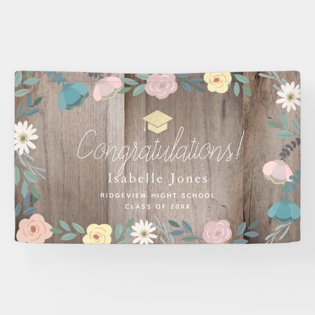 Lona Graduación Rustic Wood Floral Garden (Horizontal)