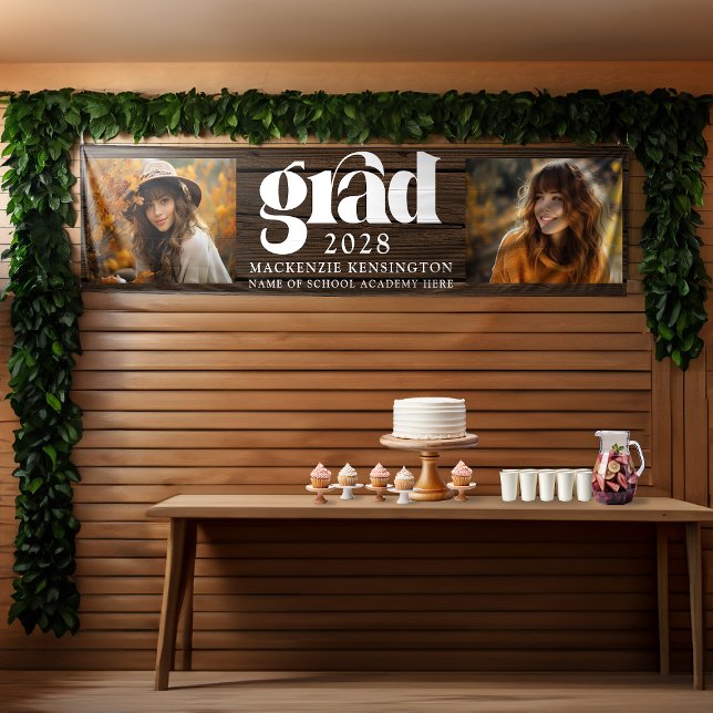 Lona Graduación Rustica de Madera 2 Foto Larga (Rustic Wood Graduation 2 Photo Long Banner)