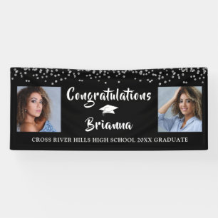 Lona Graduación Silver Confetti Script Photo Black