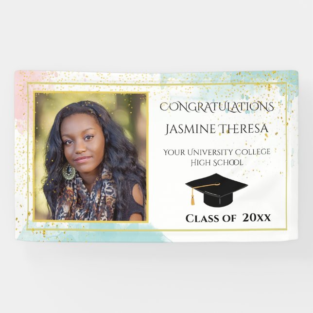 Lona Graduación Turquesa Rosa Blanco Confeti Dorado (Horizontal)