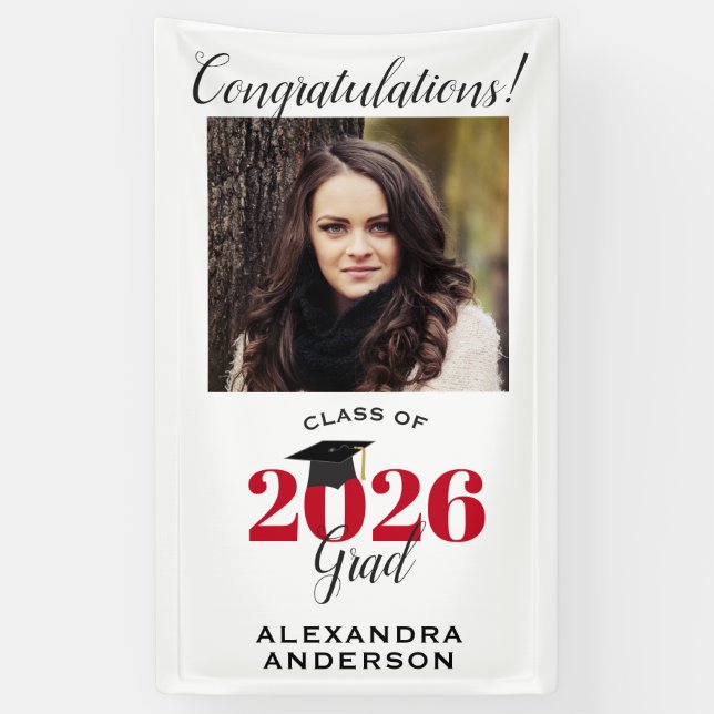 Lona Graduación vertical roja de foto manuscrita modern (Vertical)